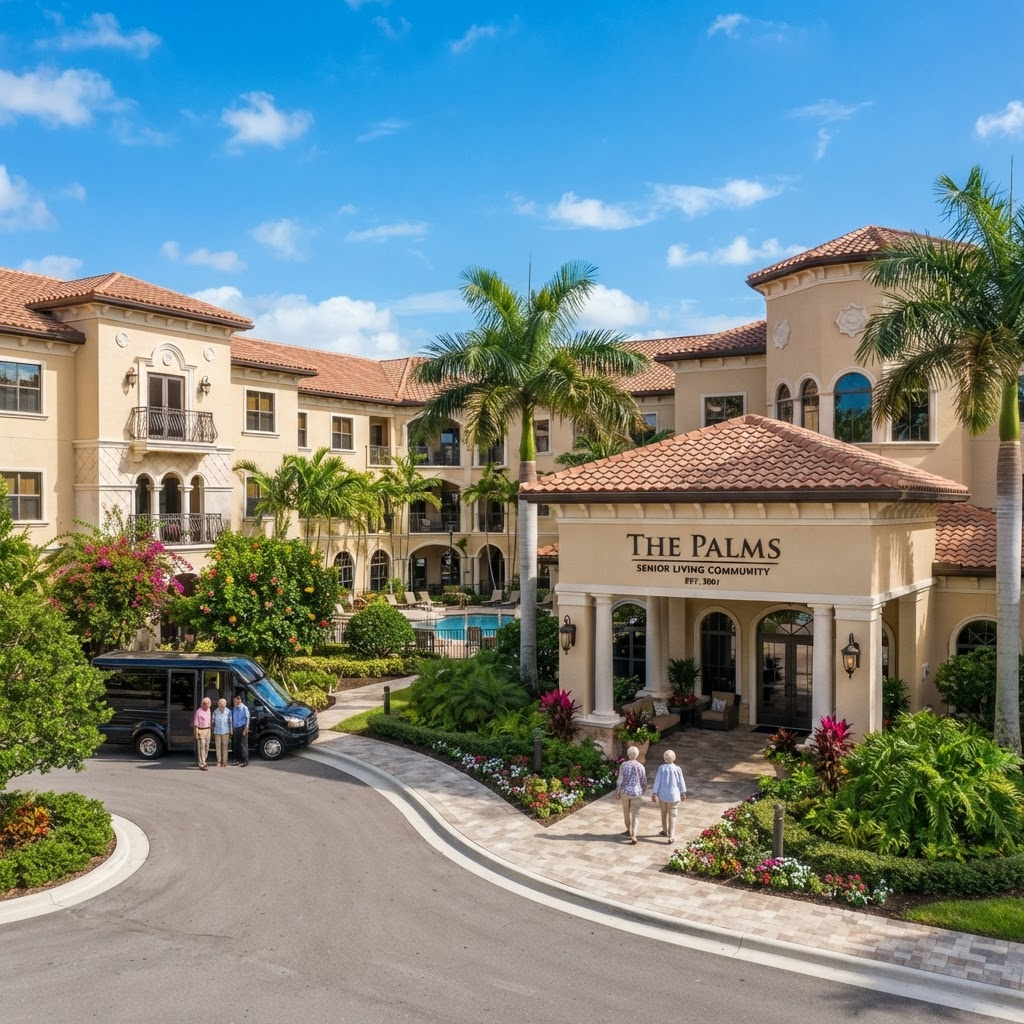 Elegant Florida senior living community with palm trees on a sunny day