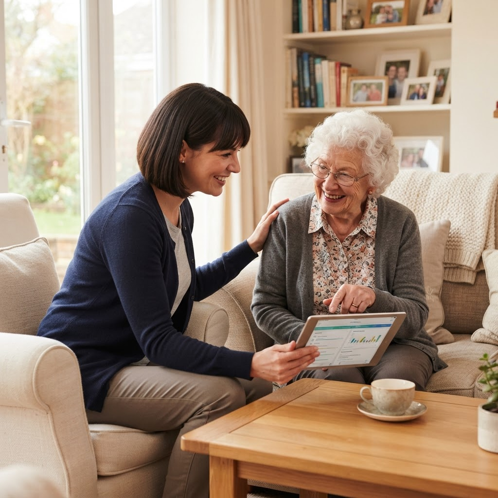 Advisor talking warmly with a senior woman while reviewing options on a tablet
