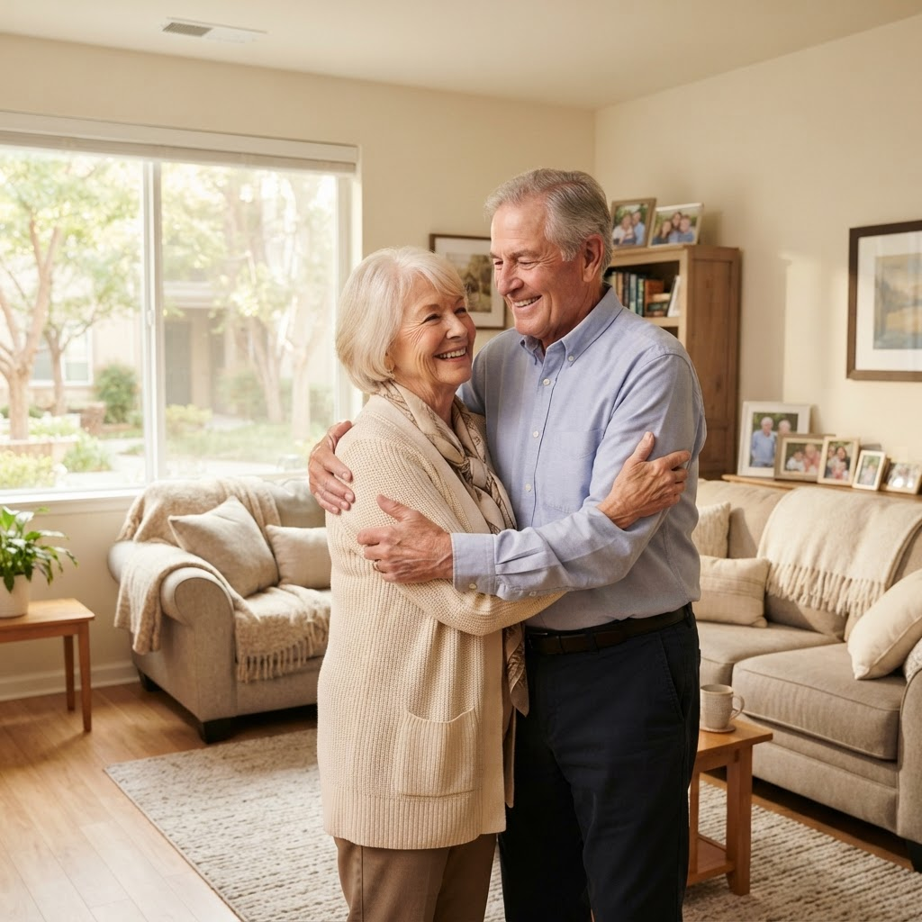 Happy senior couple settled and smiling in their new home